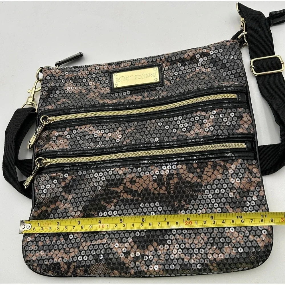 Betsey Johnson‎ Camo Sequin Crossbody Bag Double Zipper Black & Brown NWOT